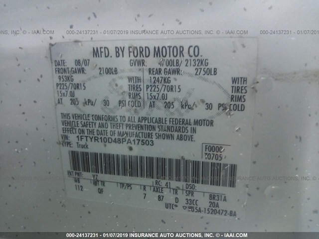 1FTYR10D48PA17503 - 2008 FORD RANGER WHITE photo 9