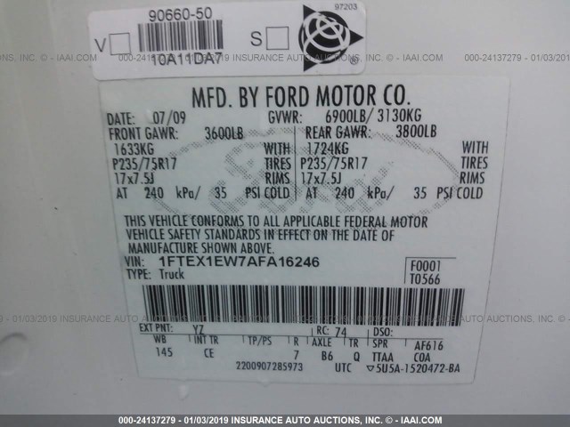 1FTEX1EW7AFA16246 - 2010 FORD F150 SUPER CAB WHITE photo 9