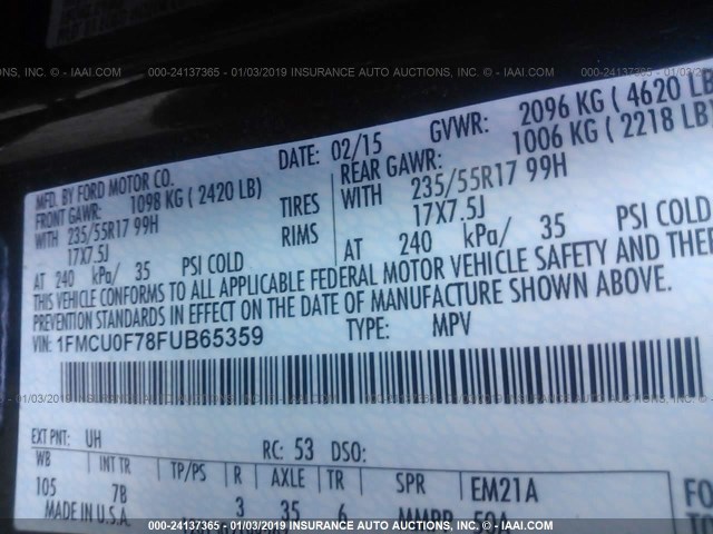 1FMCU0F78FUB65359 - 2015 FORD ESCAPE S BLACK photo 9