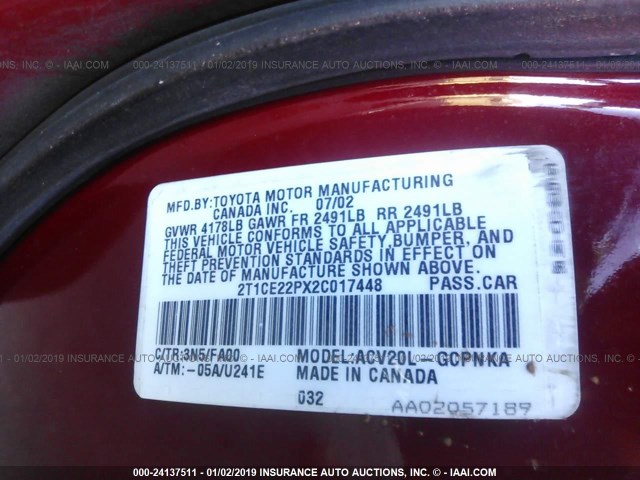 2T1CE22PX2C017448 - 2002 TOYOTA CAMRY SOLARA SE RED photo 9