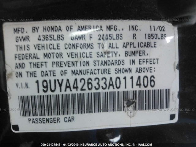 19UYA42633A011406 - 2003 ACURA 3.2CL TYPE-S BLACK photo 9