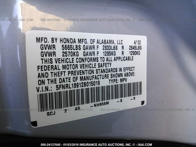 5FNRL18912B015019 - 2002 HONDA ODYSSEY EXL SILVER photo 9