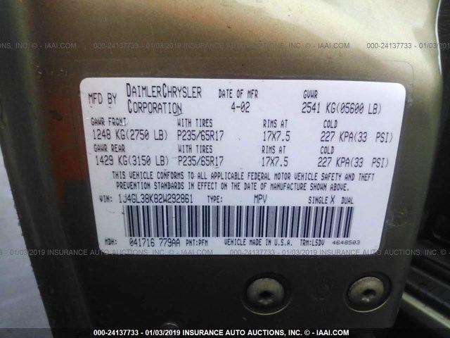 1J4GL38K82W292861 - 2002 JEEP LIBERTY RENEGADE GREEN photo 9