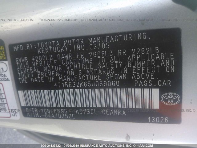 4T1BE32K65U059060 - 2005 TOYOTA CAMRY LE/XLE/SE SILVER photo 9