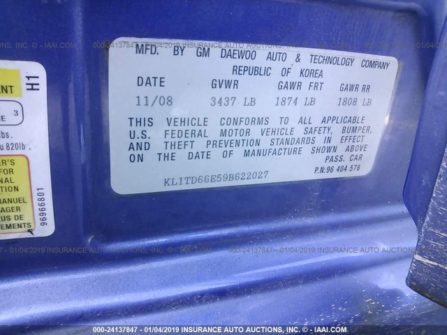 KL1TD66E59B622027 - 2009 CHEVROLET AVEO LS/LT BLUE photo 9