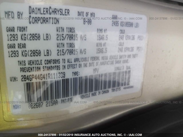 2B4GP44G41R111339 - 2001 DODGE GRAND CARAVAN SPORT GOLD photo 9