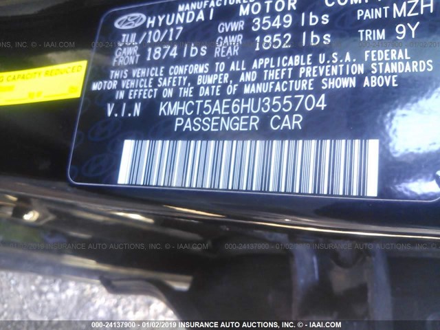 KMHCT5AE6HU355704 - 2017 HYUNDAI ACCENT SE BLACK photo 9