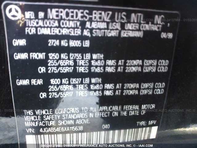 4JGAB54E6XA115638 - 1999 MERCEDES-BENZ ML 320 BLACK photo 9