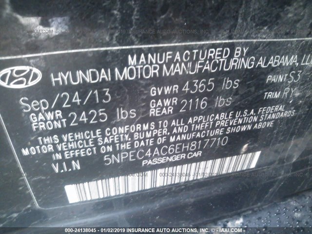 5NPEC4AC6EH817710 - 2014 HYUNDAI SONATA SE/LIMITED BLACK photo 9