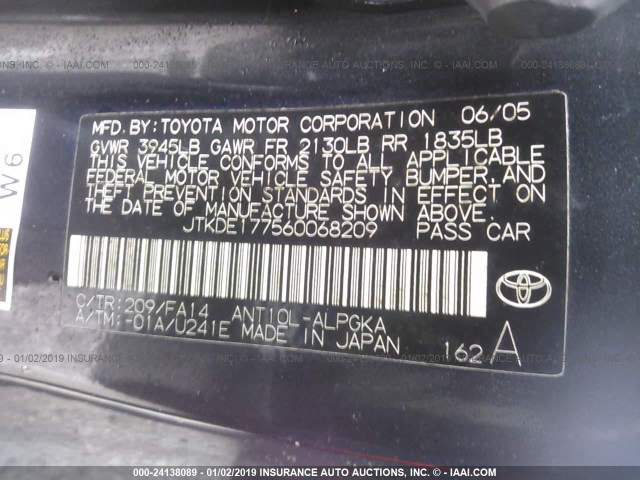 JTKDE177560068209 - 2006 TOYOTA SCION TC BLACK photo 9