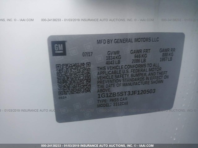 1G1ZB5ST3JF120503 - 2018 CHEVROLET MALIBU LS 白色 照片 9