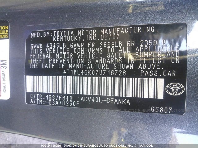 4T1BE46K07U716728 - 2007 TOYOTA CAMRY NEW GENERAT CE/LE/XLE/SE GRAY photo 9