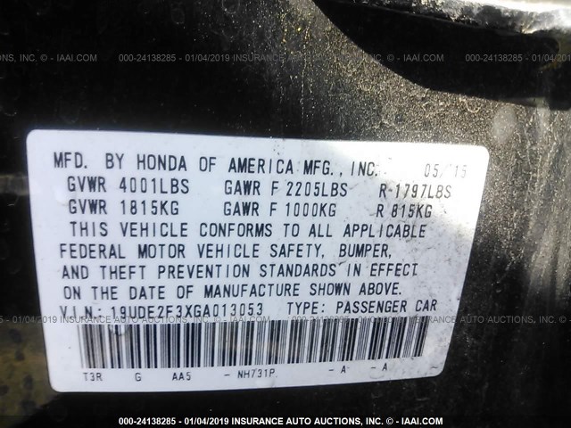 19UDE2F3XGA013053 - 2016 ACURA ILX WATCH PLUS BLACK photo 9