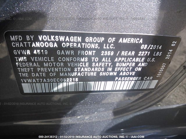 1VWAT7A30EC082215 - 2014 VOLKSWAGEN PASSAT S GRAY photo 9