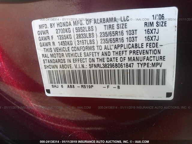 5FNRL38296B061847 - 2006 HONDA ODYSSEY LX BURGUNDY photo 9