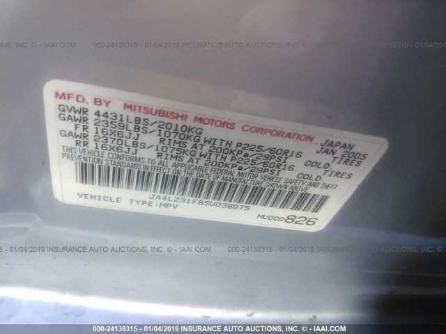 JA4LZ31F85U038075 - 2005 MITSUBISHI OUTLANDER LS GRAY photo 9