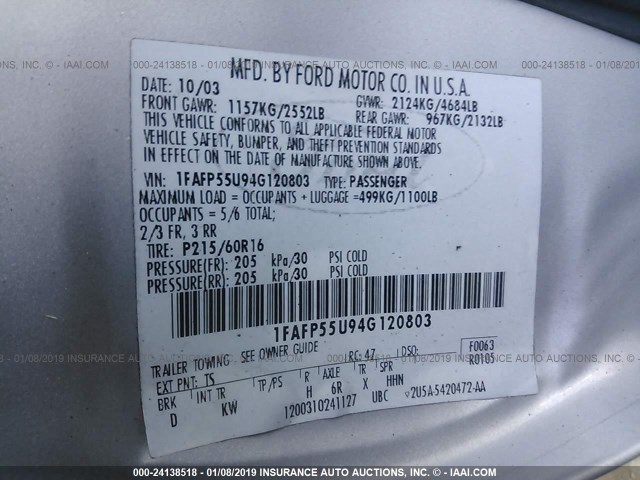 1FAFP55U94G120803 - 2004 FORD TAURUS SES SILVER photo 9