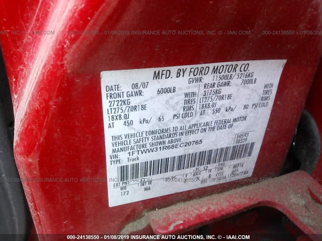 1FTWW31R68EC20765 - 2008 FORD F350 SRW SUPER DUTY RED photo 9