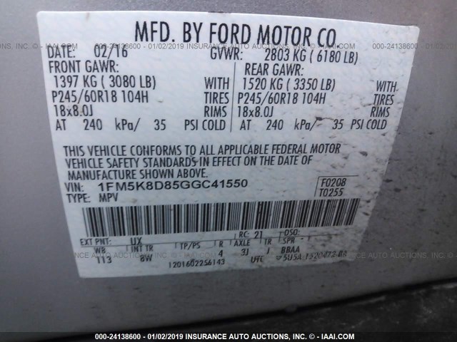 1FM5K8D85GGC41550 - 2016 FORD EXPLORER XLT SILVER photo 9