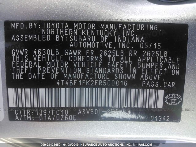 4T4BF1FK2FR500816 - 2015 TOYOTA CAMRY LE/XLE/SE/XSE SILVER photo 9