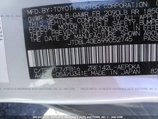 JTDBL40E699052745 - 2009 TOYOTA COROLLA LE/XLE SILVER photo 9