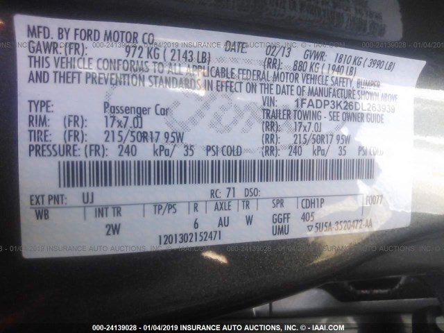 1FADP3K26DL263939 - 2013 FORD FOCUS SE GRAY photo 9