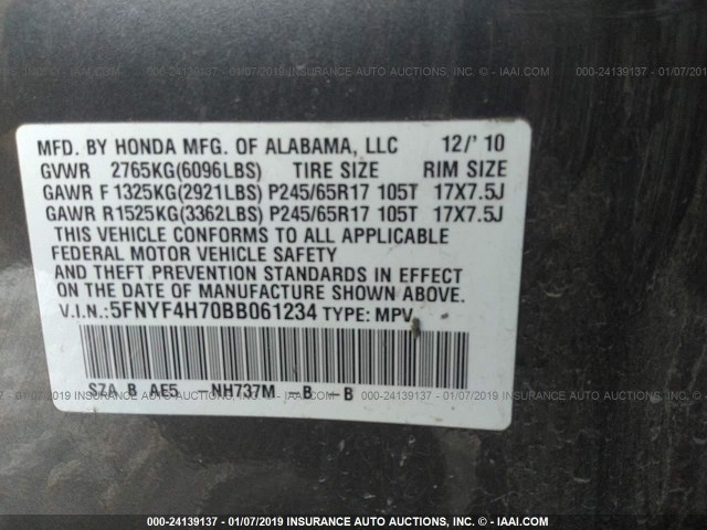 5FNYF4H70BB061234 - 2011 HONDA PILOT EXLN GRAY photo 9