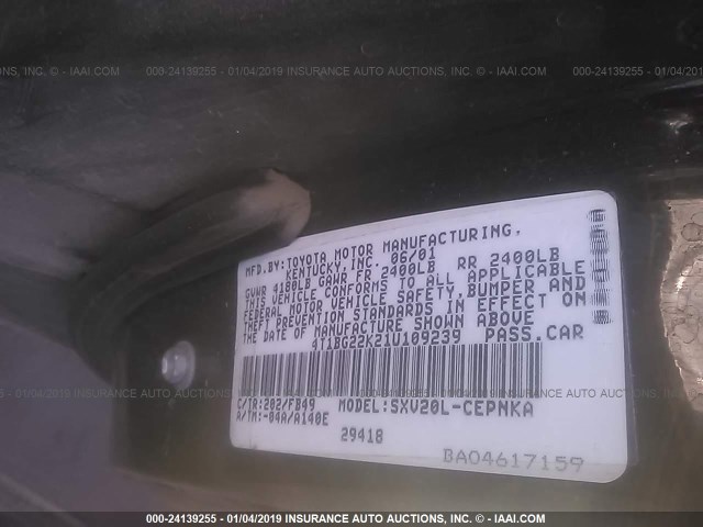 4T1BG22K21U109239 - 2001 TOYOTA CAMRY CE/LE/XLE BLACK photo 9