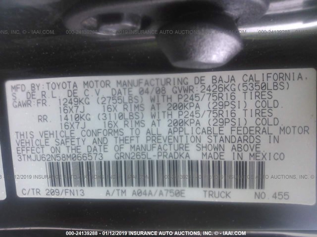 3TMJU62N58M066573 - 2008 TOYOTA TACOMA DOUBLE CAB PRERUNNER BLACK photo 9