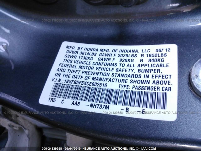 19XFB5F5XCE002516 - 2012 HONDA CIVIC NATURAL GAS GRAY photo 9