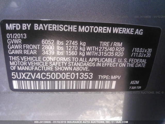 5UXZV4C50D0E01353 - 2013 BMW X5 XDRIVE35I GRAY photo 9
