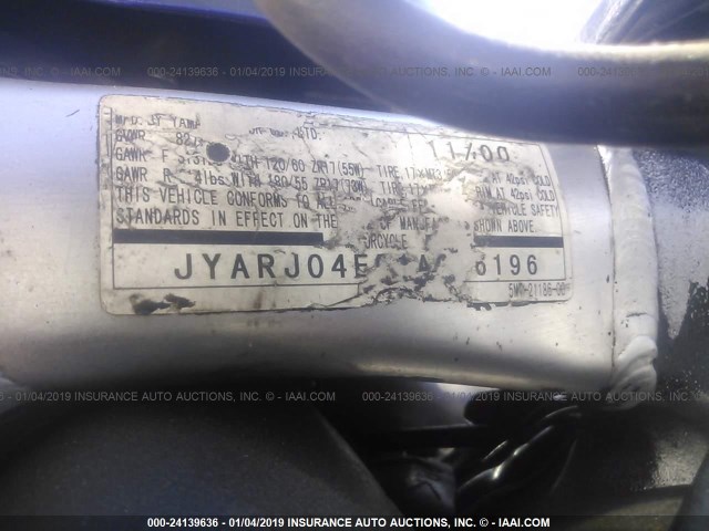 JYARJ04E91A016196 - 2001 YAMAHA YZFR6 L BLACK photo 10