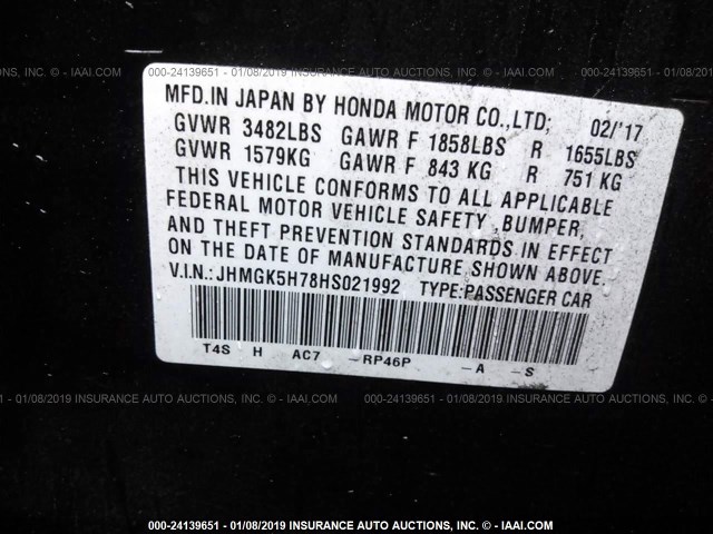 JHMGK5H78HS021992 - 2017 HONDA FIT EX/EXL PURPLE photo 9