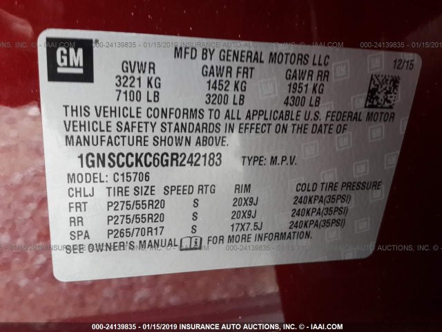 1GNSCCKC6GR242183 - 2016 CHEVROLET TAHOE C1500 LTZ MAROON photo 9