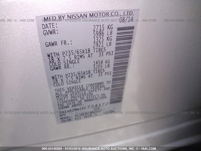 5N1AR2MN2EC724172 - 2014 NISSAN PATHFINDER S/SV/SL/PLATINUM SILVER photo 9