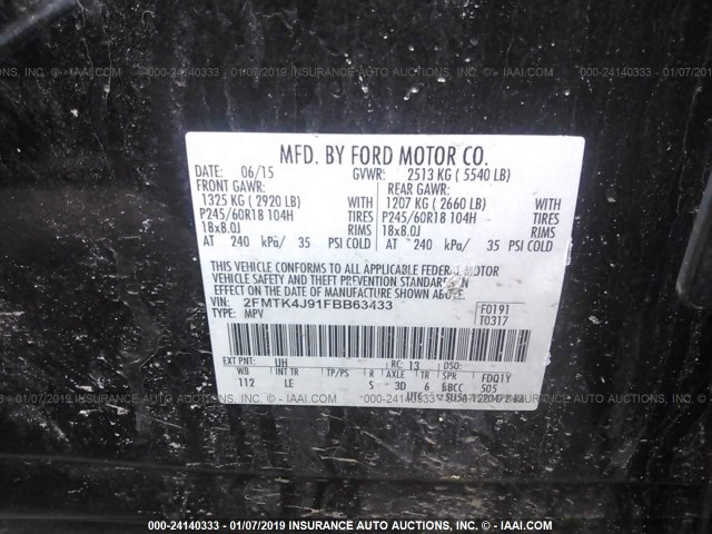 2FMTK4J91FBB63433 - 2015 FORD EDGE SEL BLACK photo 9