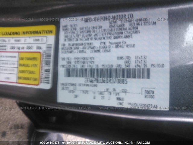 3FA6P0LU6DR370885 - 2013 FORD FUSION SE HYBRID GRAY photo 9