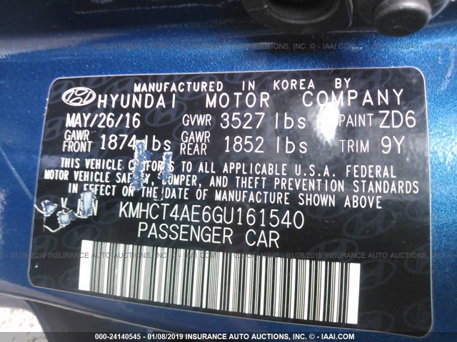 KMHCT4AE6GU161540 - 2016 HYUNDAI ACCENT SE BLUE photo 9