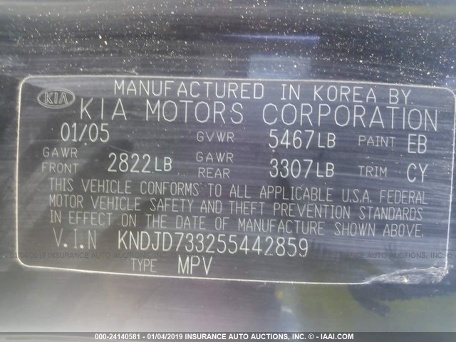 KNDJD733255442859 - 2005 KIA SORENTO EX/LX BLACK photo 9