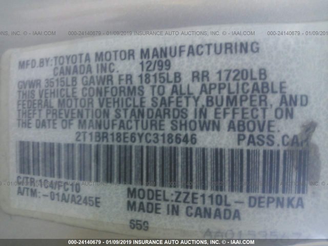 2T1BR18E6YC318646 - 2000 TOYOTA COROLLA VE/CE/LE GRAY photo 9