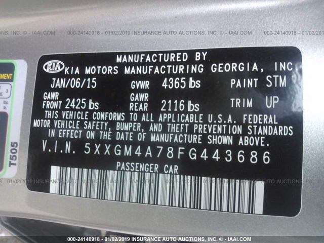 5XXGM4A78FG443686 - 2015 KIA OPTIMA LX TAN photo 9