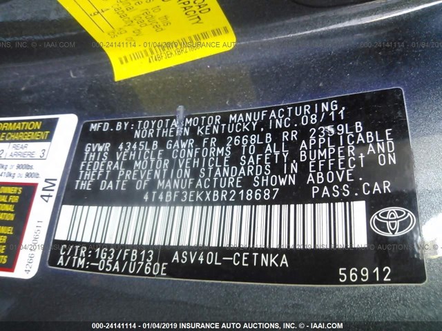 4T4BF3EKXBR218687 - 2011 TOYOTA CAMRY SE/LE/XLE GRAY photo 9