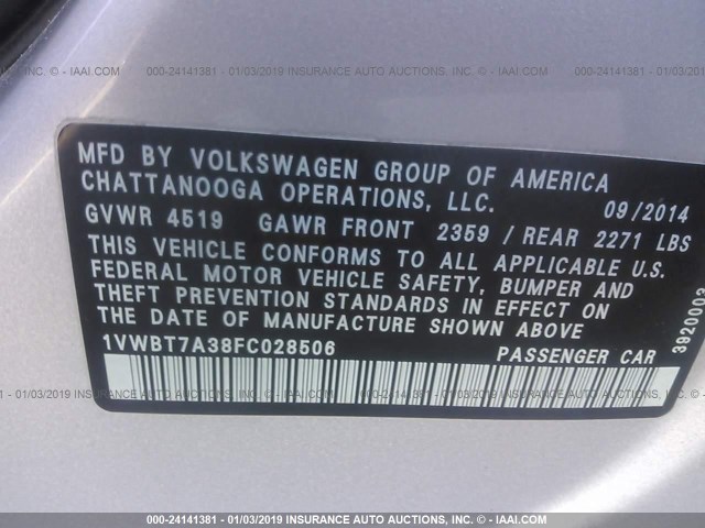 1VWBT7A38FC028506 - 2015 VOLKSWAGEN PASSAT SE SILVER photo 9