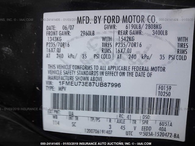 1FMEU73E87UB87996 - 2007 FORD EXPLORER XLT BLACK photo 9