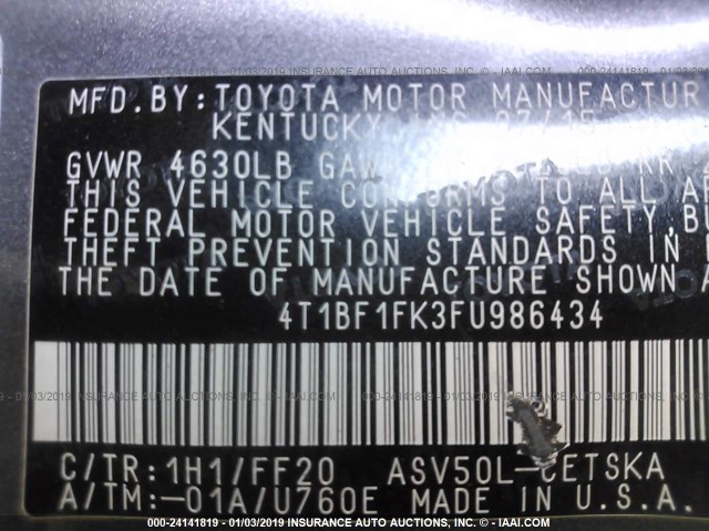 4T1BF1FK3FU986434 - 2015 TOYOTA CAMRY LE/XLE/SE/XSE ნაცრისფერი ფოტო 9