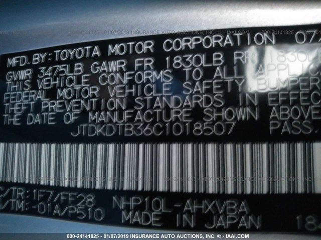 JTDKDTB36C1018507 - 2012 TOYOTA PRIUS C SILVER photo 9