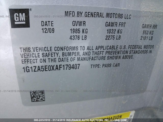 1G1ZA5E0XAF179407 - 2010 CHEVROLET MALIBU LS SILVER photo 9