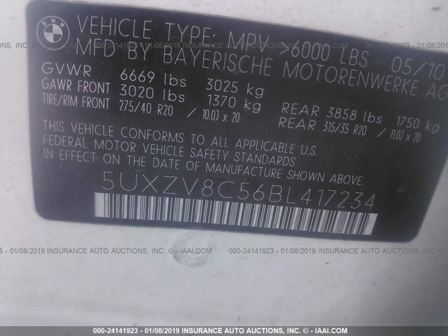 5UXZV8C56BL417234 - 2011 BMW X5 XDRIVE50I WHITE photo 9