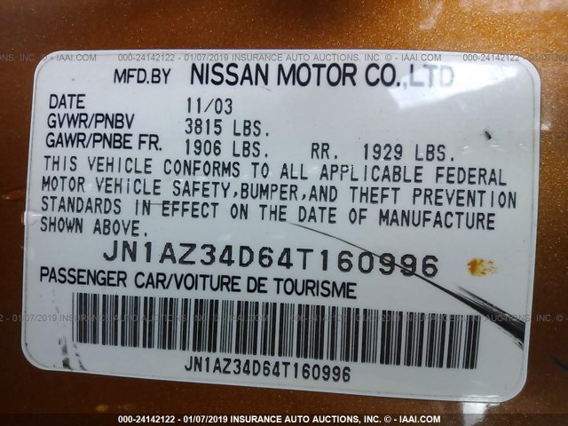 JN1AZ34D64T160996 - 2004 NISSAN 350Z COUPE ORANGE photo 9