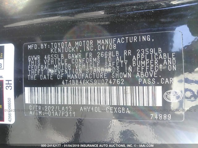 4T1BB46K59U074762 - 2009 TOYOTA CAMRY HYBRID BLACK photo 9